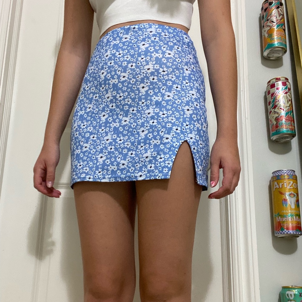 blue floral skirt
